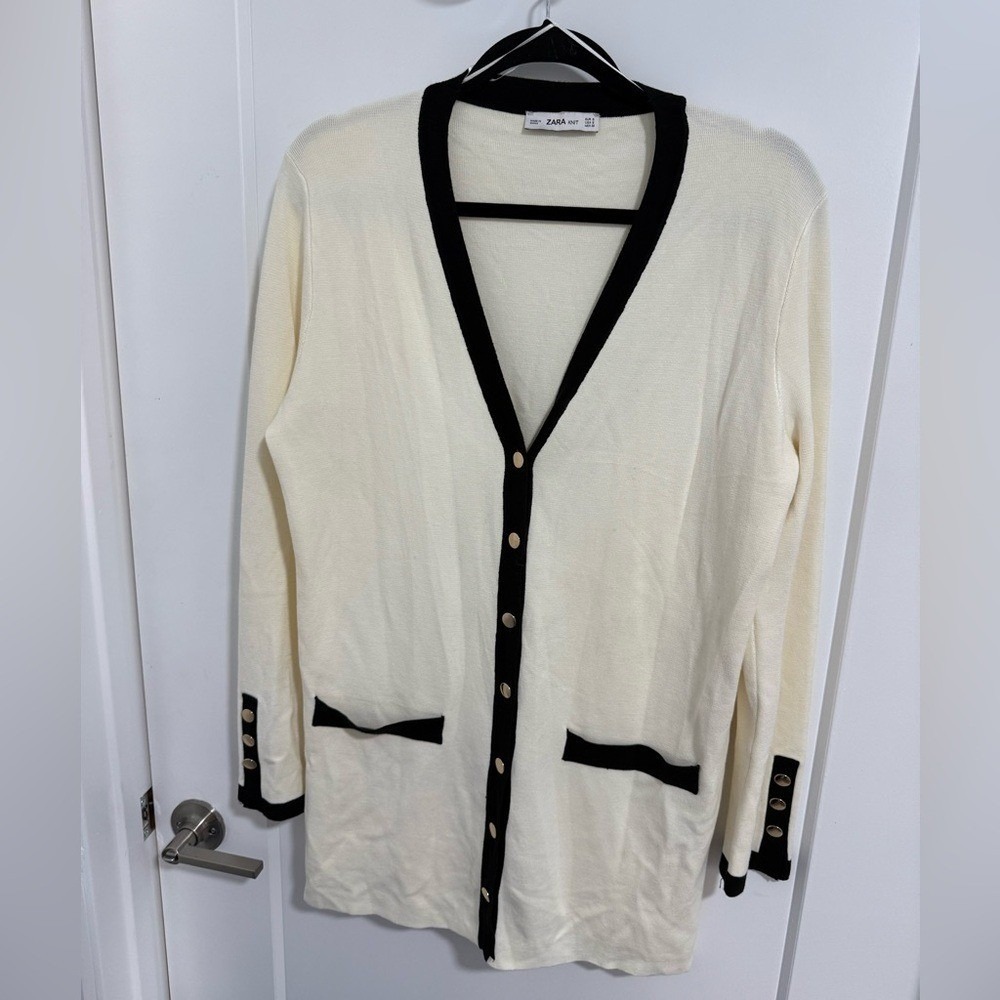 Zara Knit Cream & Black Trim Long Cardigan Gold Buttons Size S Minor Marks - Picture 2 of 4
